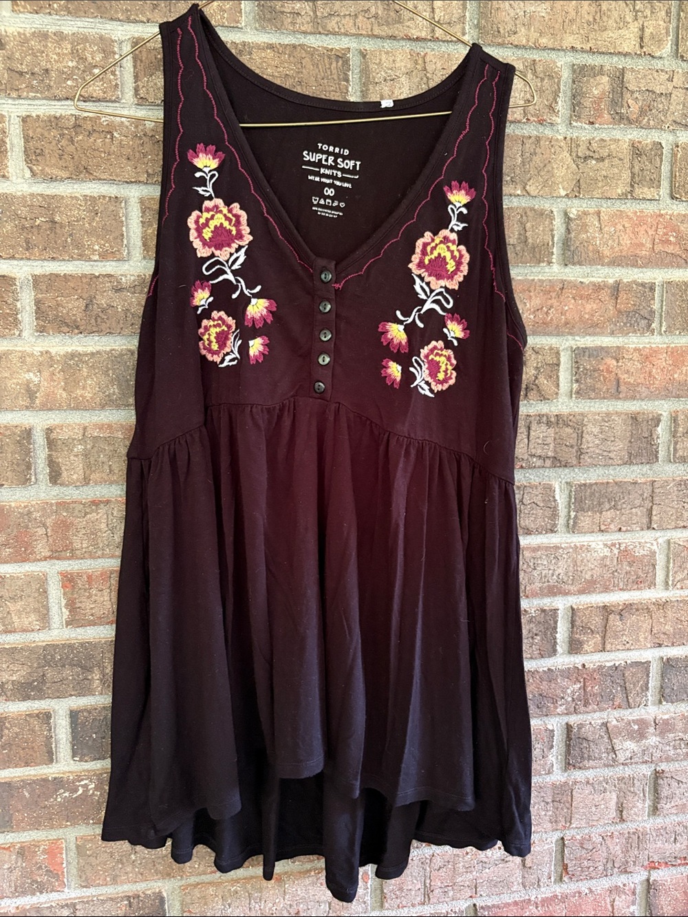 torrid Black Sleeveless V-Neck BsbydollTank with Pink & Yellow Floral Embroidery